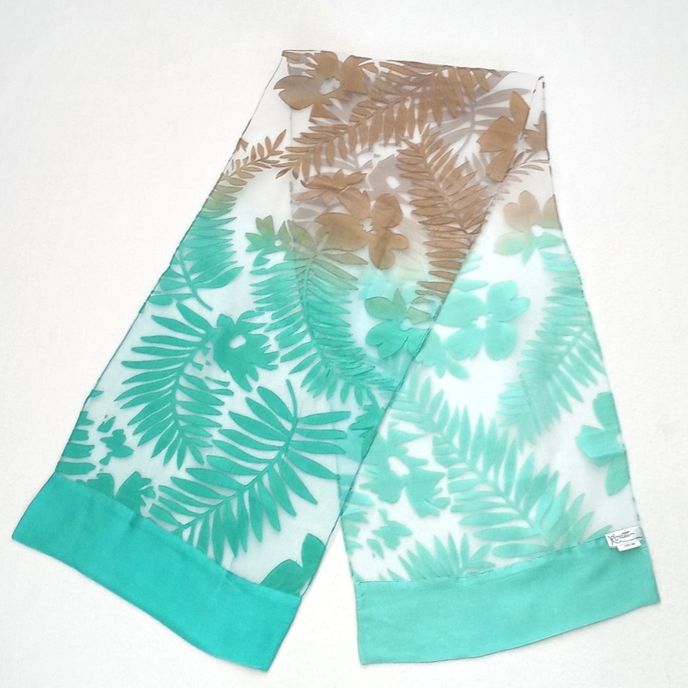 Kavita 100% Silk Aqua Painted Long Scarf In Teal, Sky Blue & Earth Tone Browns - Picture 2 of 15